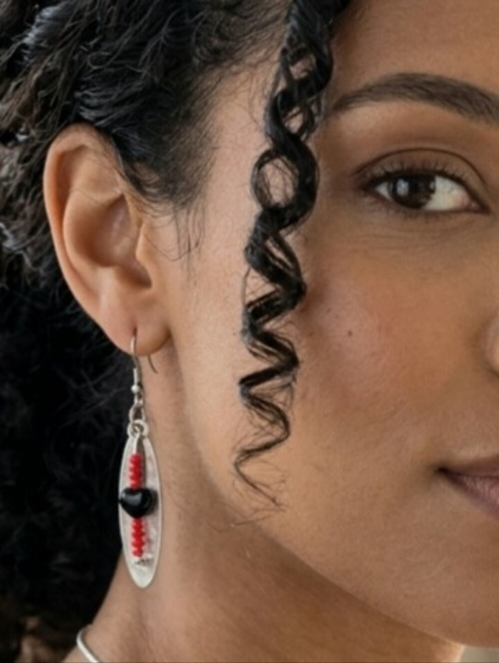 Handcrafted Red Seed Bead & Black Heart Dangle Earrings